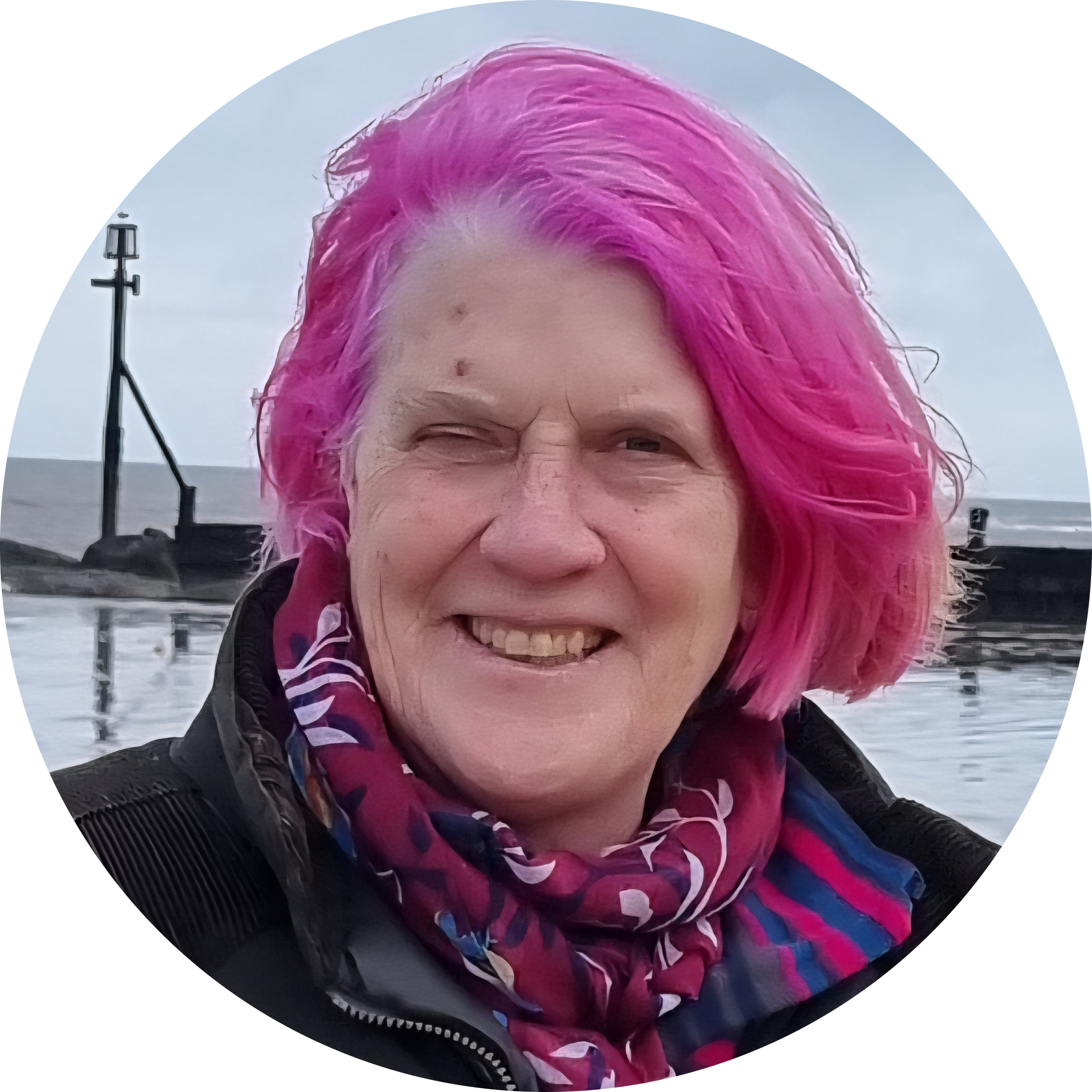 Picture of a white woman in her 60s, with pink medium length hair with the sea in the background
