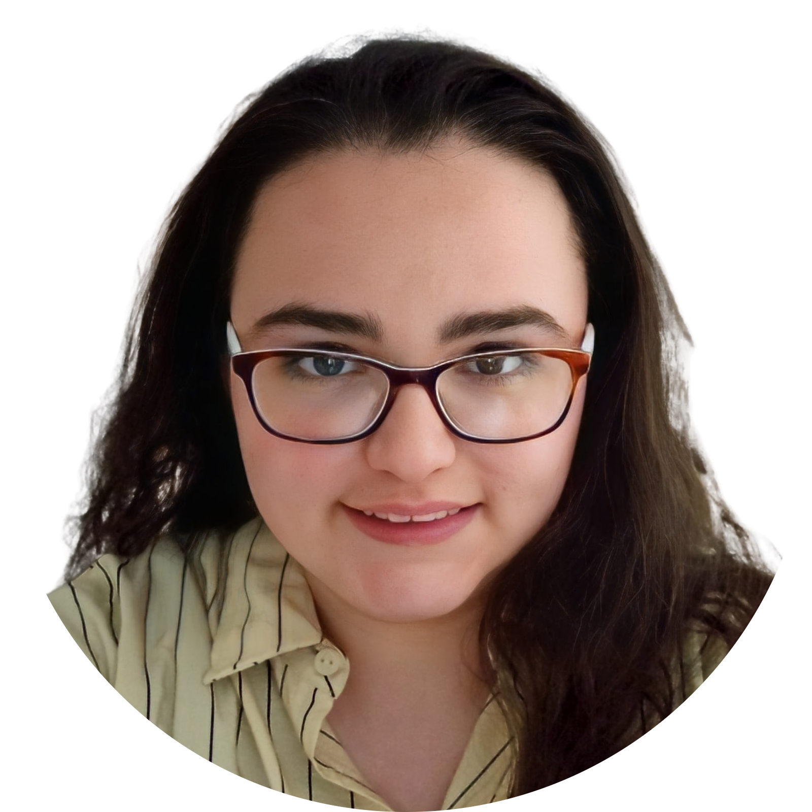 A head and shoulders photograph of a young woman smiling at the camera with long brown curly hair, wearing glasses and a green striped blouse.